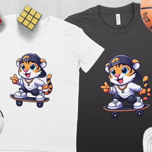 Cartoon Tiger Skateboarder T-Shirt, Cool Tiger in Hat, Kids Hip Hop Style Tee, Graphic Skate Shirt for Boys and Girls