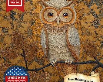 Ornate Woodland Owl Art Tile | Elegant Cottagecore Decor | Golden Botanical Owl | Ceramic Display Tile | Nature Home Gift, Free US Shipping