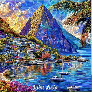 May include: A vibrant, mosaic-style artwork depicting a coastal scene in Saint Lucia. The image features a lush green mountain, a village with colorful houses, and boats on the blue water. The text "Saint Lucia" is at the bottom.