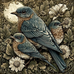 May include: An artistic illustration of three bluebirds nestled among detailed floral and foliage elements. The birds feature blue and brown plumage, set against a backdrop of cream and sepia tones. The artwork has a vintage, botanical feel.