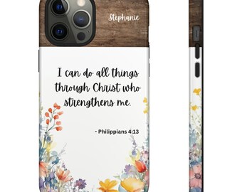 Stoer telefoonhoesje voor iPhone 12 - personaliseren met naam - Bijbeltekst Ik kan alle dingen doen door Christus die mij kracht geeft.