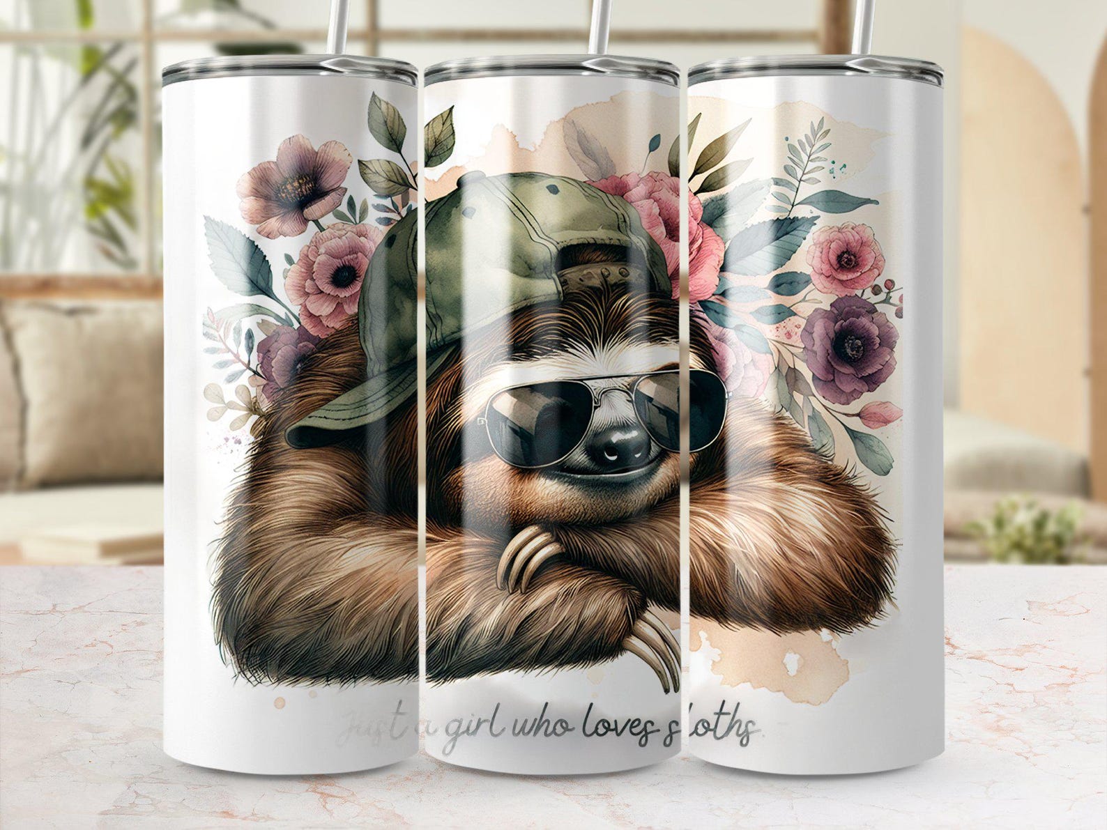 Cute Sloth Art Digital PNG Art With Flowers and Sunglasses, Just a Girl ...
