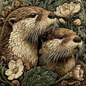 May include: Detailed illustration of two otters with brown fur and long white whiskers, set against a backdrop of green foliage and cream-colored flowers. The otters are depicted in a detailed, artistic style, creating a nature-themed design.