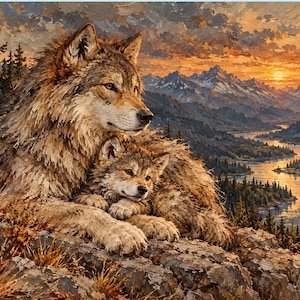 May include: An oil painting featuring a large adult wolf and a small pup resting together on a rocky cliff. The background displays a vast mountain range, a winding river, and a dense forest under a vibrant orange sunset sky.