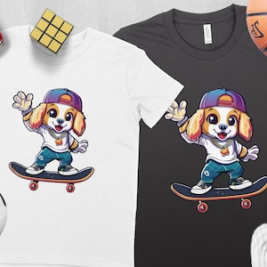 Cute Skateboarding Dog T-Shirt, Cartoon Puppy Skater Tee, Hip Hop Style, Unisex T-Shirt for All Ages