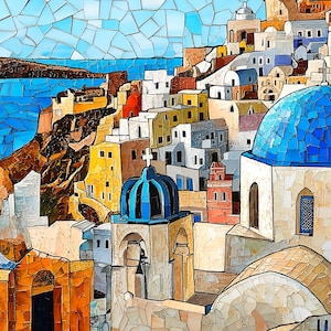 Vintage Mosaic Like Santorini Village Ceramic Tile Art, Hand Sublimated 6" Square, Bookshelf Art Gift, Travel Wall Art, FREE US Shipping