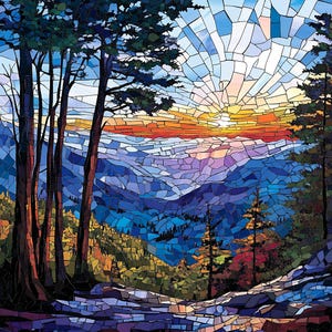 Newfound Gap Smoky Mountains Ceramic Art Tile – Stained Glass Mosaic-Like Sunrise, Bookshelf Travel Art, Nature Lover Gift, Free US Shipping