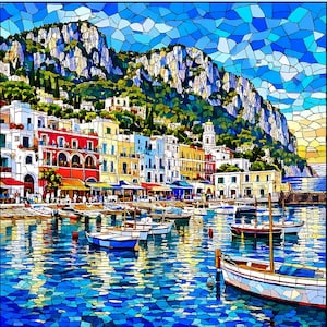 May include: A mosaic-style illustration of a coastal town featuring colorful buildings in red, yellow, and white nestled against a large rocky mountain. Several small boats float on the blue water, reflecting the vibrant colors of the architecture.