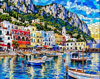 Capri Amalfi Coast Ceramic Tile, Mediterranean Coastal Decor, Harbor Art, Mosaic-Like Style, Hand Sublimated, Travel Gift, FREE US Shipping