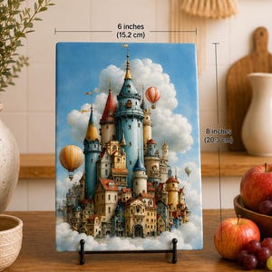 May include: A rectangular wall art print featuring a fantasy castle with blue and red towers nestled among white clouds, accompanied by floating hot air balloons. The print measures 6 inches wide by 8 inches high and rests on a black metal stand.