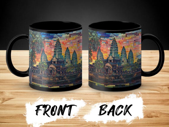 Angkor Wat Temple Mug, Colorful Cambodia Mosaic Design, Unique Souvenir, Travel Inspired Gift, Artistic Coffee Cup, Personalize with Name
