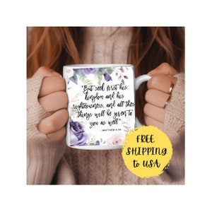 Coffee Mug Christian, Choose from 9 Popular Bible Verses, 12 oz. Design printed on front and back of mug. Personalized name option.