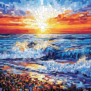 Ocean Waves Sunset Hand Sublimated Ceramic Tile Wall Art, Sunrise, Vibrant Color, Tranquility Beach, Mosaic-Like, USA Made, Free US Shipping