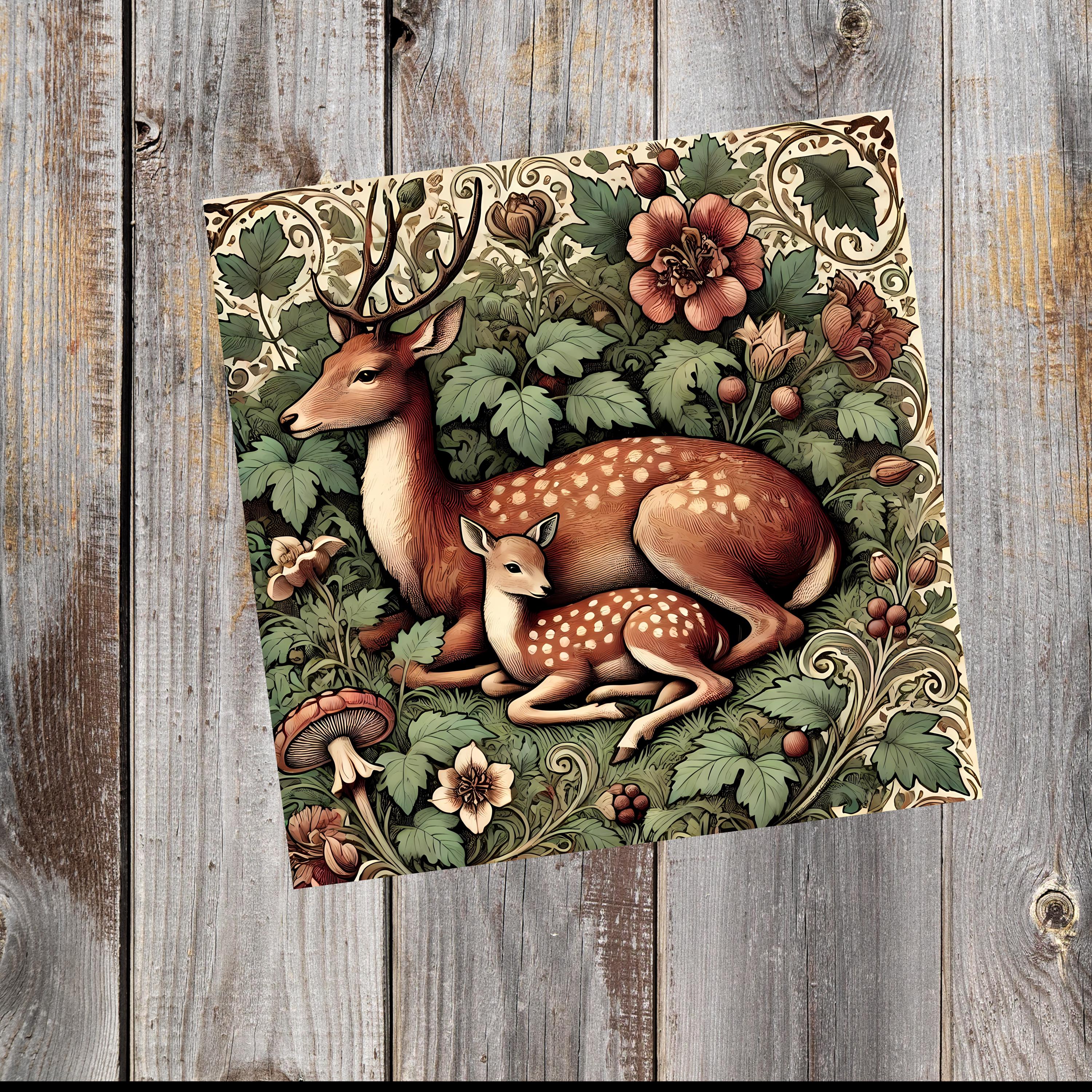 Vintage Home Decor Vintage Deer & Fawn - 6 Inch Square William