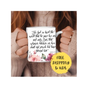 Coffee Mug Christian, Choose from 9 Popular Bible Verses, 12 oz. Design printed on front and back of mug. Personalized name option.