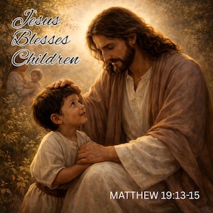 May include: A digital illustration depicts Jesus blessing a child. The image features warm tones, with Jesus in a brown robe and the child in a light-colored tunic. Text at the top reads "Jesus Blesses Children," and at the bottom, "MATTHEW 19:13-15."
