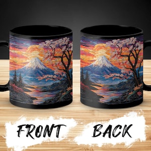 May include: Black ceramic mug with a colorful image of Mount Fuji, cherry blossoms, and a sunset. The front of the mug shows the mountain and the back shows the sunset.