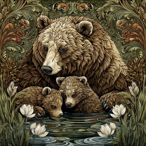 May include: An illustrated image of a brown bear with two cubs in a pond, surrounded by white flowers and green foliage. The artwork has a detailed, textured appearance with a vintage aesthetic. The bears are the focal point, with the mother bear positioned behind the cubs.