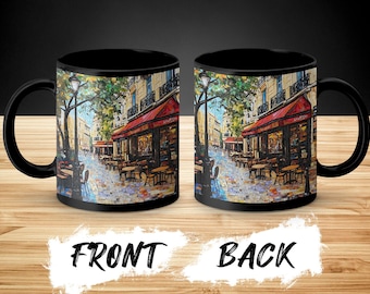Taza con escena de café parisino, taza de café con arte callejero europeo, bistró francés vintage, diseño de mosaico colorido, regalo único, personaliza con tu nombre