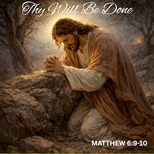 May include: An artistic depiction of a religious figure kneeling in prayer. The figure is wearing a brown robe and is positioned on a rocky surface. The text "Thy Will Be Done" is at the top, with "MATTHEW 6:9-10" at the bottom.