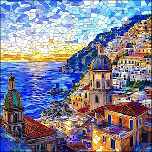 Amalfi Coast Italy Ceramic Tile • Mosaic Like Style • Mediterranean Art Trivet • Positano Kitchen Gift, Great Souvenir, Free US Shipping