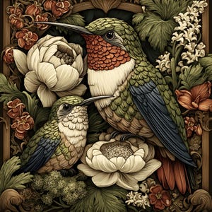 May include: An artistic illustration of two hummingbirds surrounded by flowers and foliage. The birds have green, blue, and brown feathers with red and white accents. The flowers are cream and red, set against a dark brown background.
