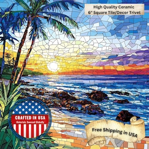 May include: High-quality ceramic 6-inch square tile/decor trivet featuring a mosaic design of a tropical beach scene with palm trees, ocean, and sunset. The tile is crafted in the USA.