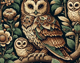 Vintage Owl Ceramic Tile Art, Hand Sublimated Square, Trivet, Forest Mama Owl and Owlets, William Morris Inspired, FREE US Shipping