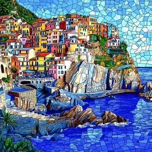 Cinque Terre Italy Hand Sublimated Mosaic-Like Ceramic Tile Art – Manarola Coast, Bookshelf Wall Art, Italian Home Gift, Free US Shipping