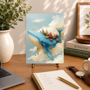 Magical Whale Rider Ceramic Tile (6"x8") Art, Whimsical Cloud Journey Fantasy Decor, Ocean, Unique Nursery Gift, Traveling Blues,Made in USA