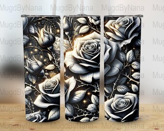Elegant Black and White Rose Digital Tumbler Wrap Art, Stunning Floral Printable Wall Art, High Res Botanical Print, Instant PNG Download