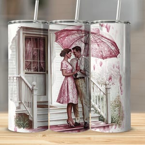 Romantic Couple 20 oz Skinny Seamless Tumbler, Umbrella Art Tumbler, Vintage Style Tumbler, Gift For Her, Anniversary Gift, Art Lover Gift