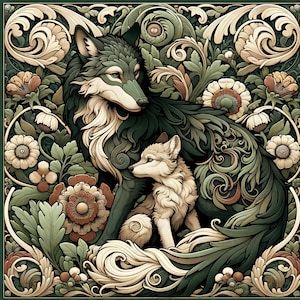 Vintage Wolf Ceramic Tile Art, Hand Sublimated Square, Trivet, Forest Wolf Baby, William Morris Inspired, Wildlife Art, FREE US Shipping