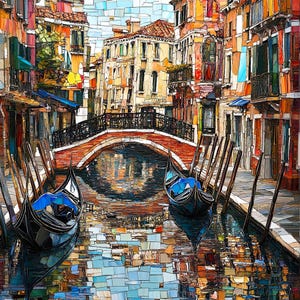 Vintage Mosaic-Like Venice Canals in Italy, Ceramic Tile Art, Hand Sublimated Square, Decorative Trivet, Travel, Nature, FREE US Shipping