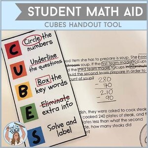 May include: A student math aid poster with the title "CUBES HANDOUT TOOL." The poster has the word "CUBES" in large, colorful letters, each letter with a corresponding math instruction: Circle the numbers, Underline the questions, Box the key words, Eliminate extra info, and Solve and label.
