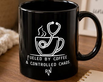 Coffee Chaos Black Nurse Sketch Mug | RN Stethoscope Line Drawing | Funny Dark Healthcare Gift