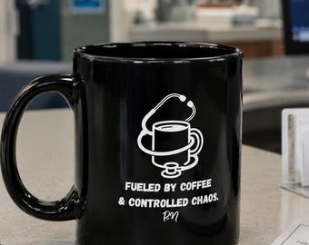 Fueled by Coffee Chaos Black Nurse Mug | RN Stethoscope Gift | Funny Dark Healthcare Cup