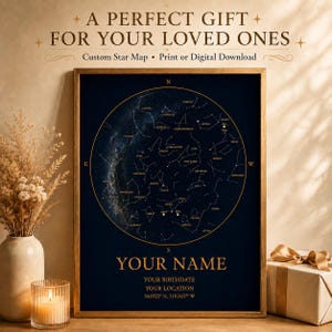 Puede incluir: Un mapa estelar personalizado enmarcado que presenta una carta celeste circular azul oscuro con líneas y etiquetas de constelaciones doradas. El texto dice A PERFECT GIFT FOR YOUR LOVED ONES, Custom Star Map, YOUR NAME, YOUR BIRTHDATE, YOUR LOCATION y coordenadas.