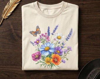 Comfort Colors® Wildflower Butterfly Tee | Botanical Bouquet Shirt | Daisy Poppy Lavender | Nature Gift