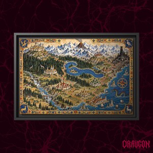 May include: A framed fantasy map illustration featuring snow-capped mountains, a central lake, dense forests, and multiple castles. The border is decorated with gold, blue, and red floral patterns, with mythical creatures in the corners.