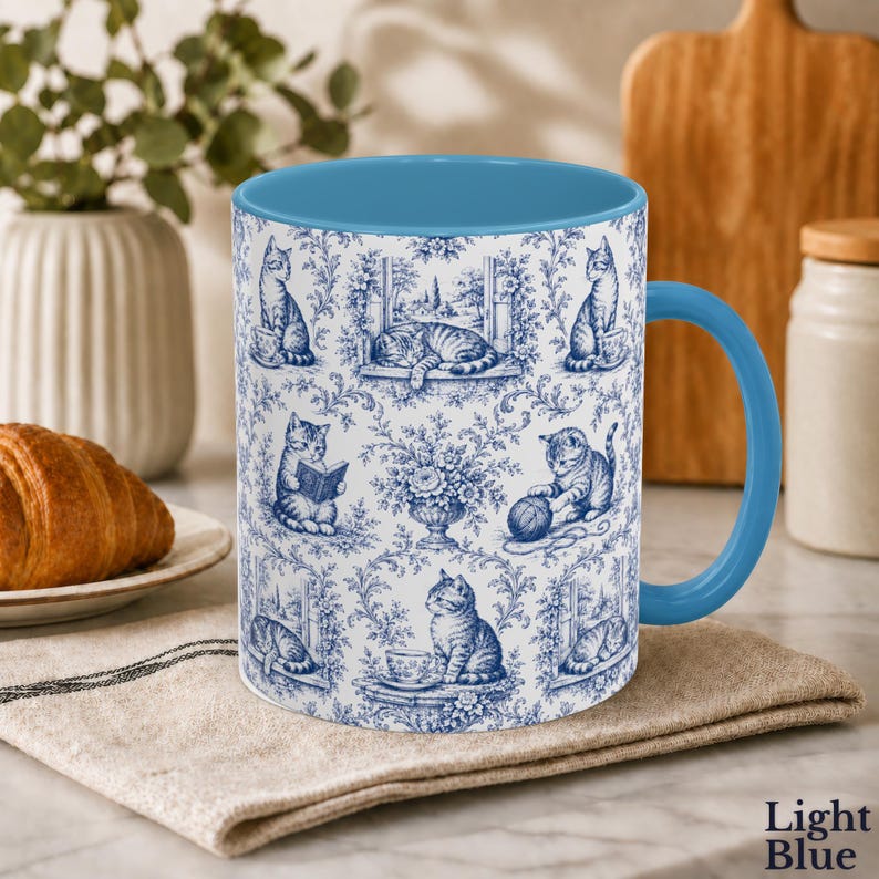 Cat Toile Blue White Mug | French Chinoiserie Kitty Coffee Cup ...