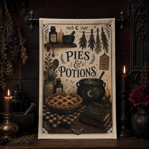 May include: A rectangular cream-coloured tea towel featuring a printed illustration with the text Pies & Potions. The design includes a lattice-top pie, a black cauldron, stacked books, hanging herbs, and bottles on a shelf, all framed by a decorative border.
