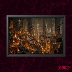 The Deep Forge | Dwarven City Wall Art | Underground Fantasy Kingdom Canvas Print | Molten Lava Poster | Wide Game Room Decor