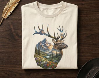 Comfort Colors® Mountain Stag Tee | Alpine Wildlife Art Shirt | Wildflower Nature | Gift for Him Her