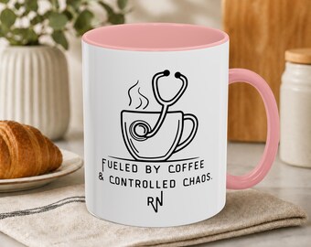 Fueled by Coffee Chaos Nurse Mug | Stethoscope Line Drawing Gift | Funny RN Scrubs Cup | Healthcare