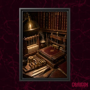 May include: A bookbinding workshop scene featuring a wooden press with a leather-bound book, a sewing frame with hanging threads, brass tools, a spool of twine, and a metal lamp illuminating a shelf of antique books in the background.