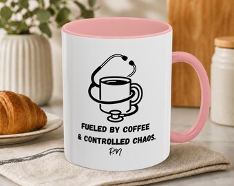 Fueled by Coffee Controlled Chaos Mug | Funny RN Stethoscope Gift | Nurse Line Art Cup | Healthcare