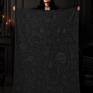 Obsidian Garden | Black Damask Floral Blanket | Gothic Victorian Decor | Moody Bedroom Whimsigoth Gift | Cozy Sherpa Throw
