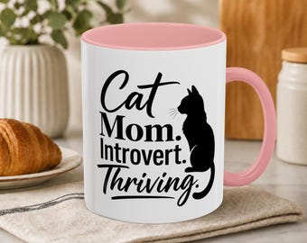 Cat Mom Introvert Thriving Mug | Funny Sarcastic Crazy Lady Coffee Cup Birthday Christmas | Black Silhouette Minimalist Art Antisocial Owner
