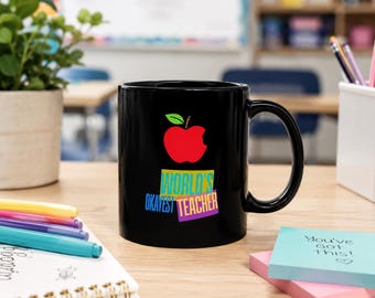 World's Okayest Teacher Black Mug | Funny Gift Two Sizes | Bright Colorful Apple Graphic Bold Retro Appreciation Week End Year Classroom Cup